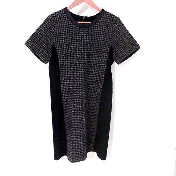 J. Crew Gray Black Tweed Wool Mixed Hounds Tooth Leather Collar Shift Dress Sz 6 - Picture 6 of 13